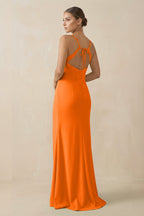Robe longue orange en mousseline à fines bretelles - Harana