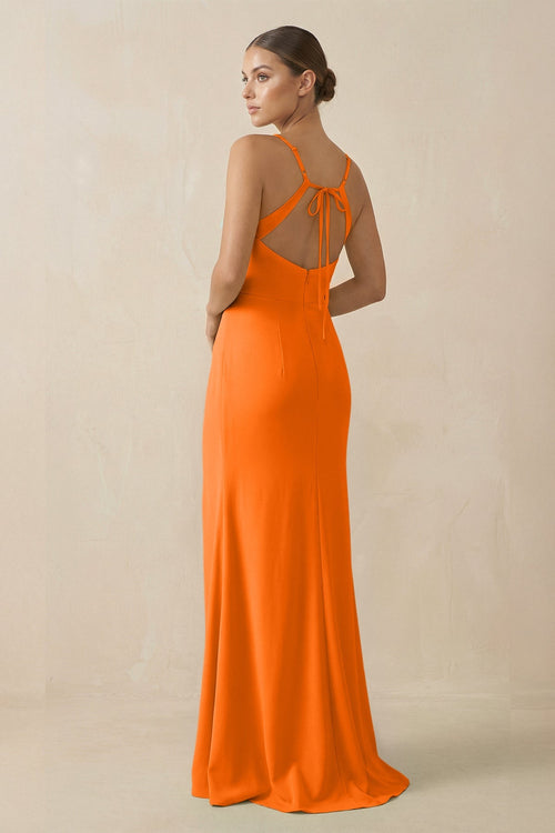 Robe de demoiselle d’honneur orange longue en mousseline silhouette fourreau à fines bretelles - Harana