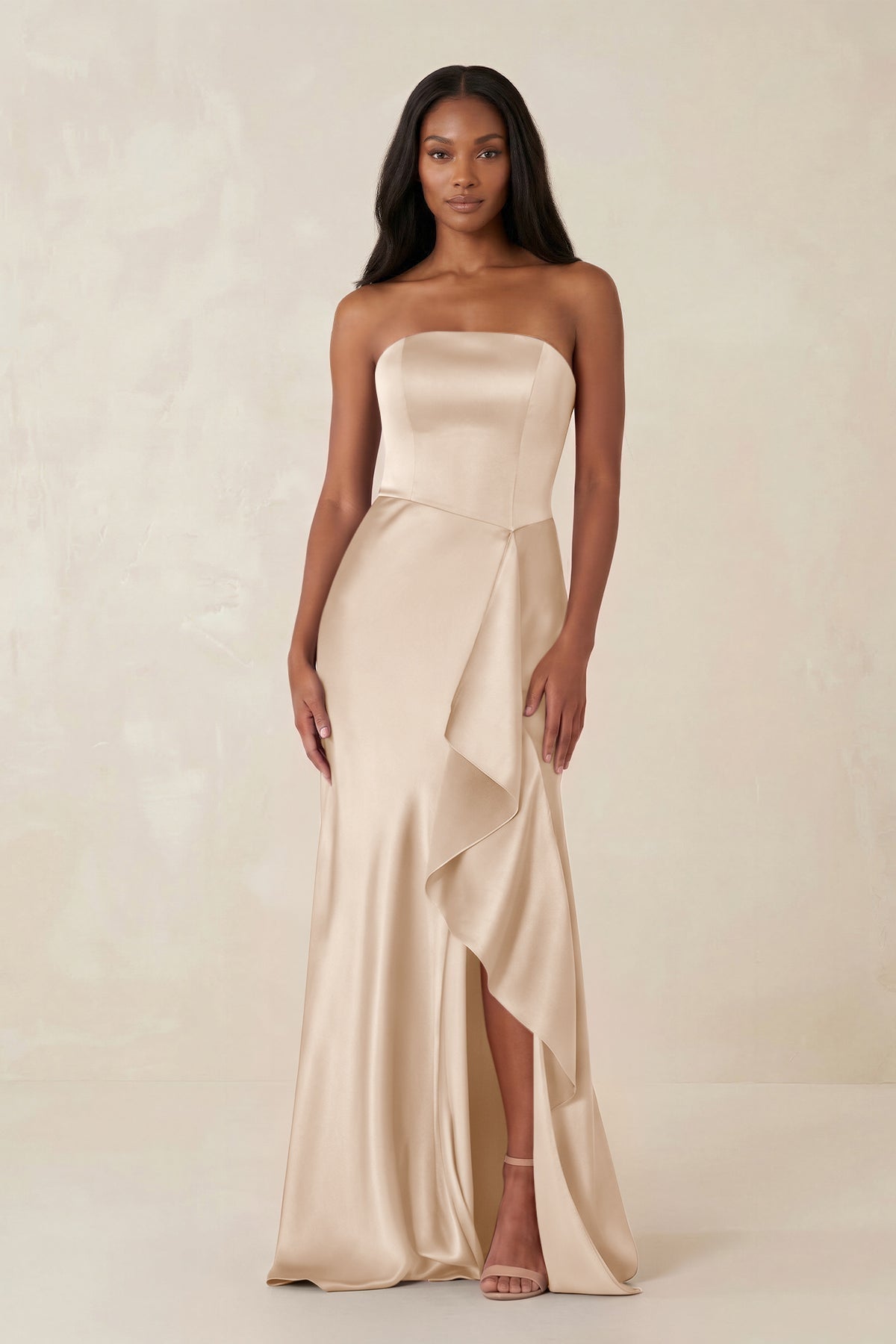 Robe demoiselle d’honneur champagne longue bustier sans manches avec fente - Harana