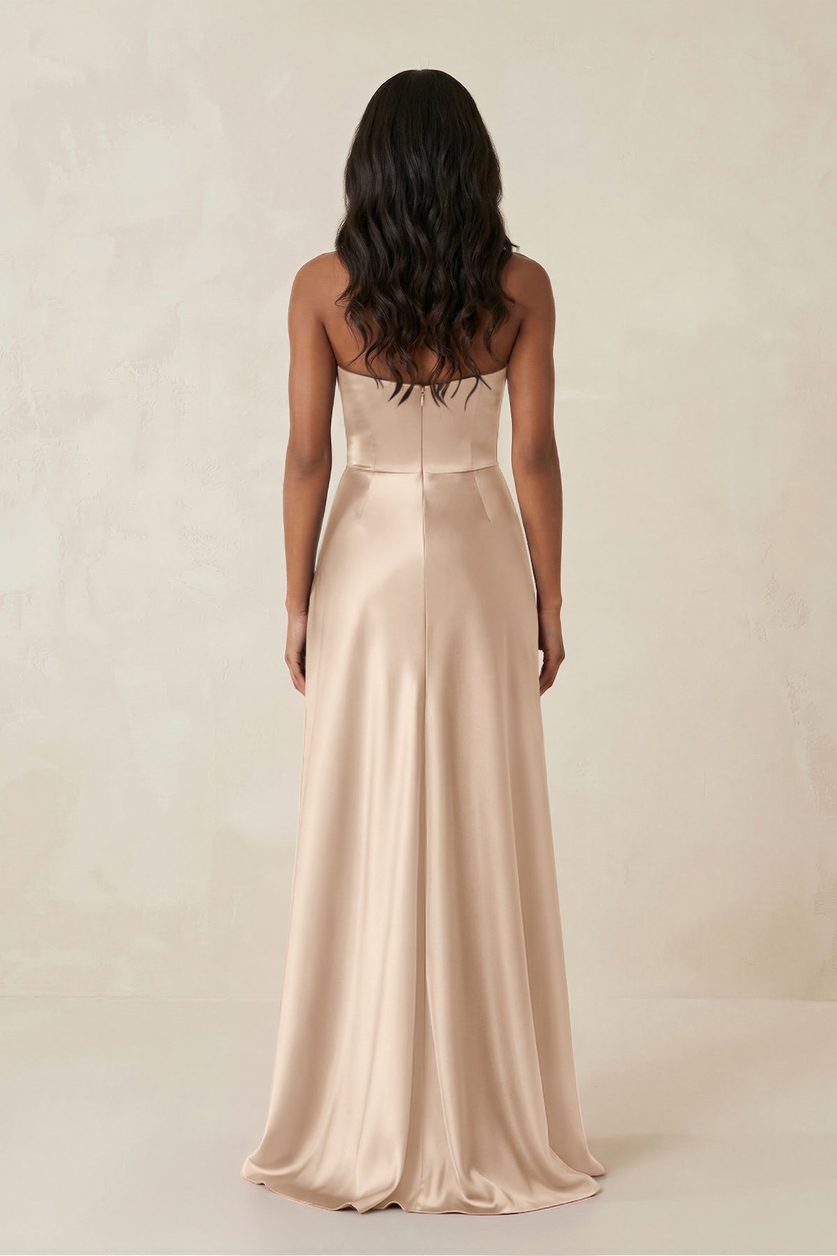 Robe demoiselle d’honneur champagne longue bustier sans manches avec fente - Harana