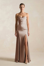 Robe demoiselle d’honneur almond longue sans manches avec fente à corset - Harana