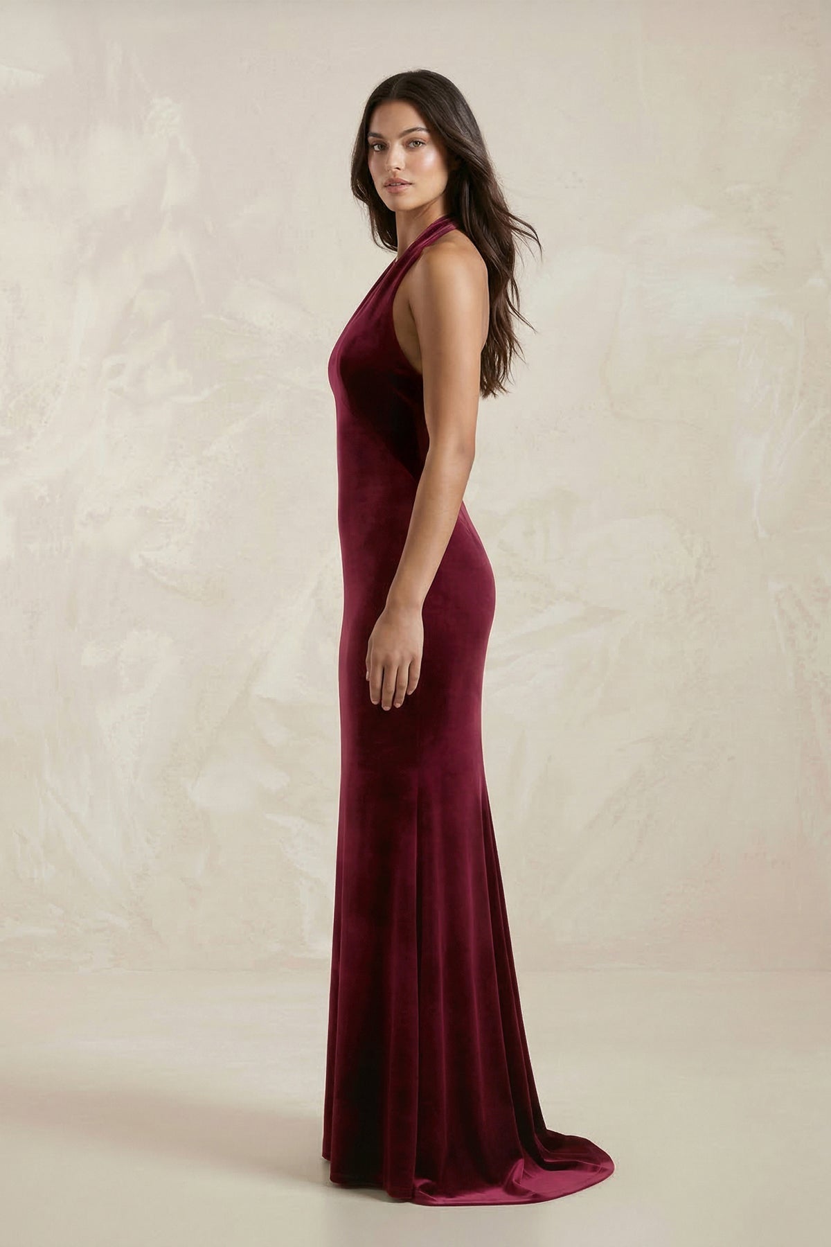 Robe demoiselle d’honneur bordeaux longue col V dos nu sans manches - Harana