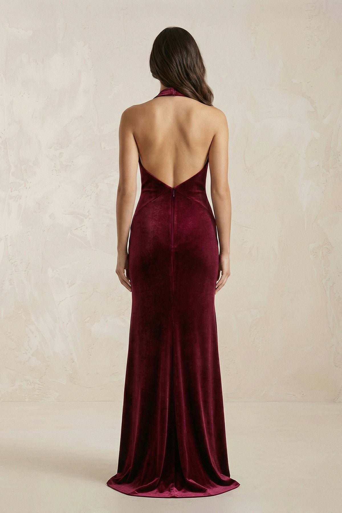 Robe demoiselle d’honneur bordeaux longue col V dos nu sans manches - Harana