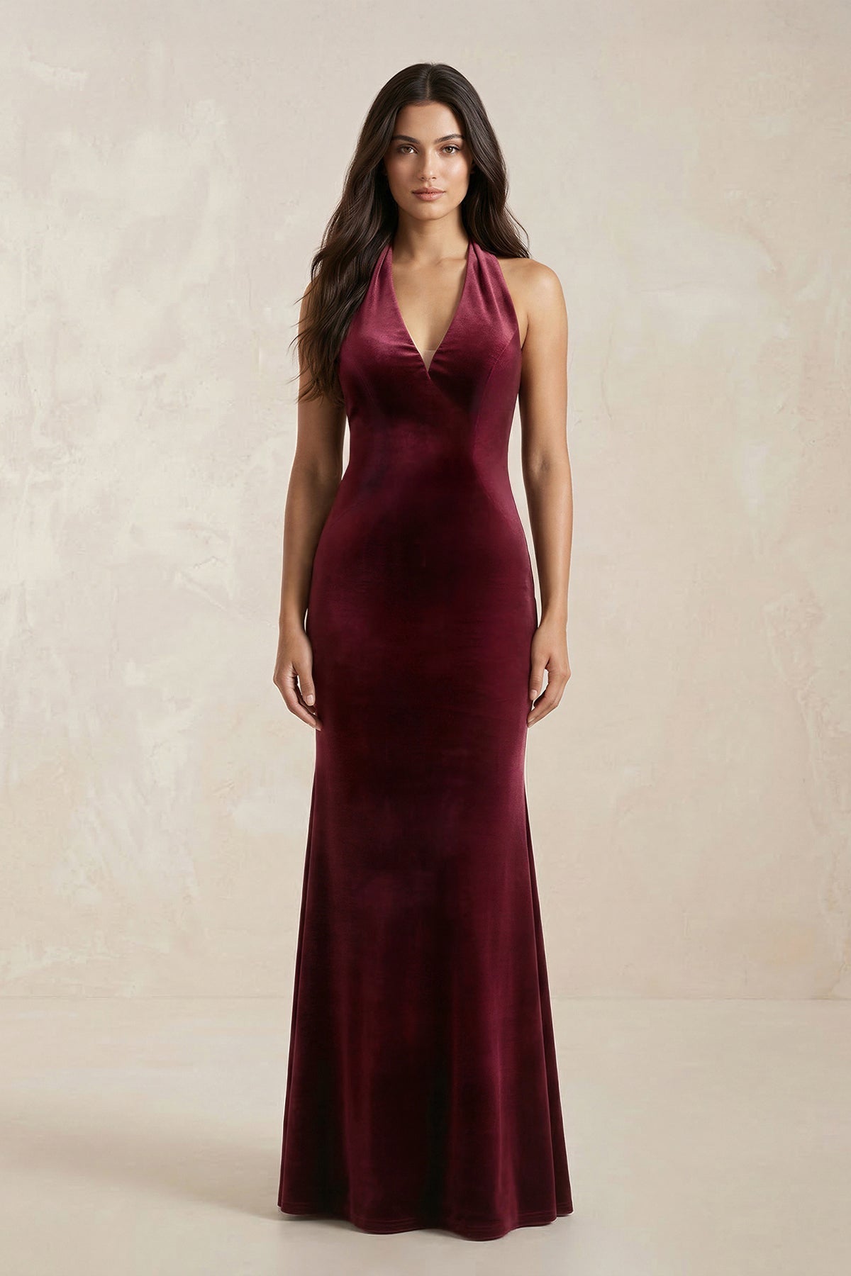 Robe demoiselle d’honneur bordeaux longue col V dos nu sans manches - Harana
