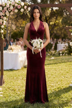 Robe demoiselle d’honneur bordeaux longue col V dos nu sans manches - Harana
