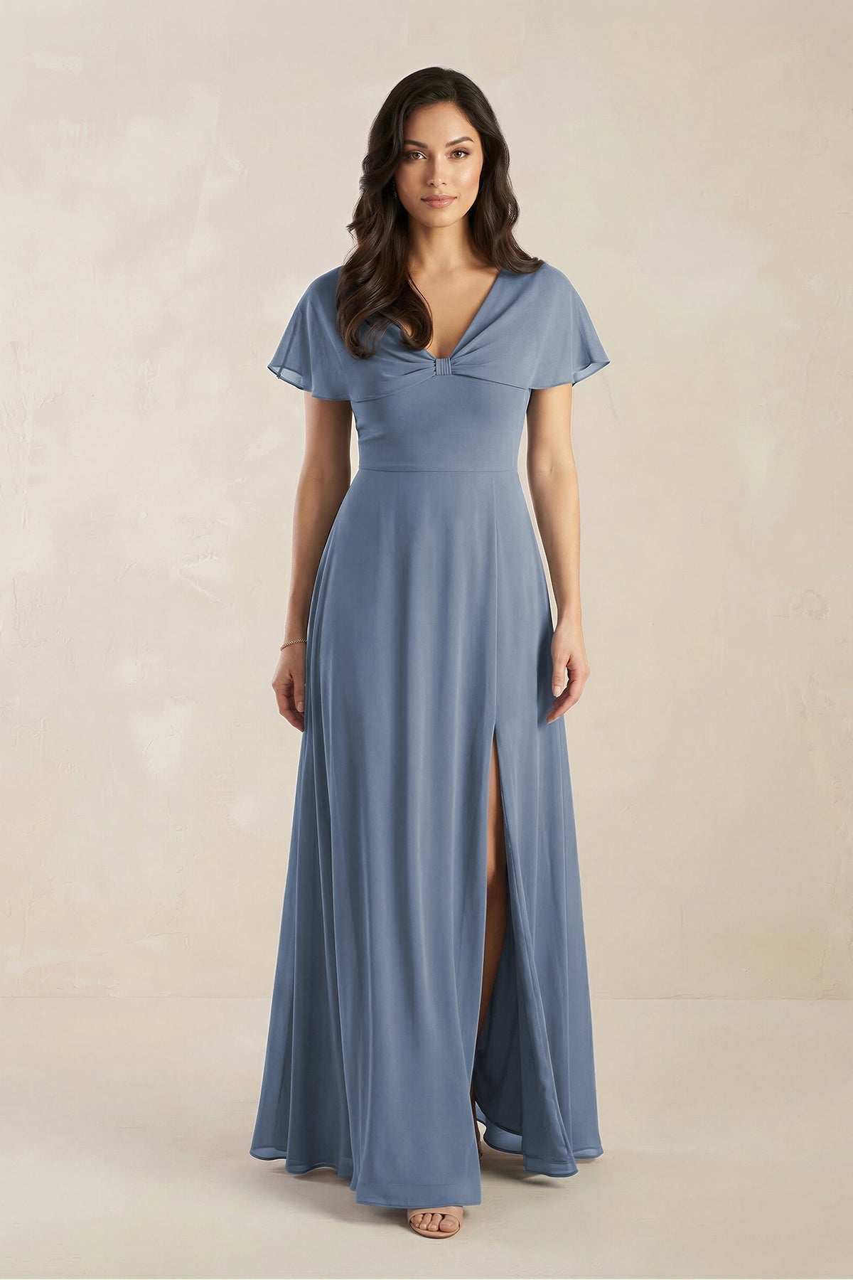 Robe demoiselle d’honneur neptune longue col V manches courtes avec fente - Harana