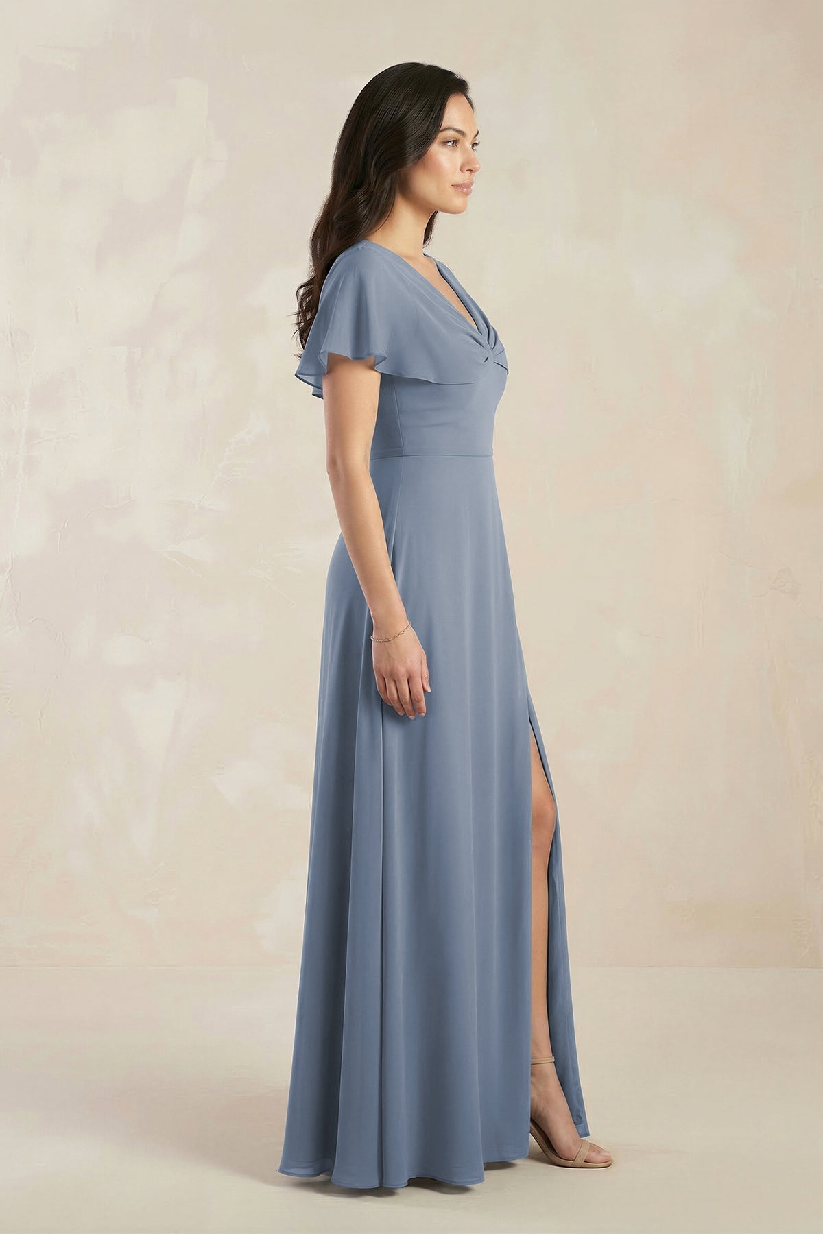 Robe demoiselle d’honneur neptune longue col V manches courtes avec fente - Harana