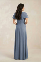 Robe demoiselle d’honneur neptune longue col V manches courtes avec fente - Harana
