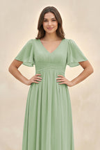 Robe demoiselle d’honneur vert sauge longue col V manches courtes plissée - Harana