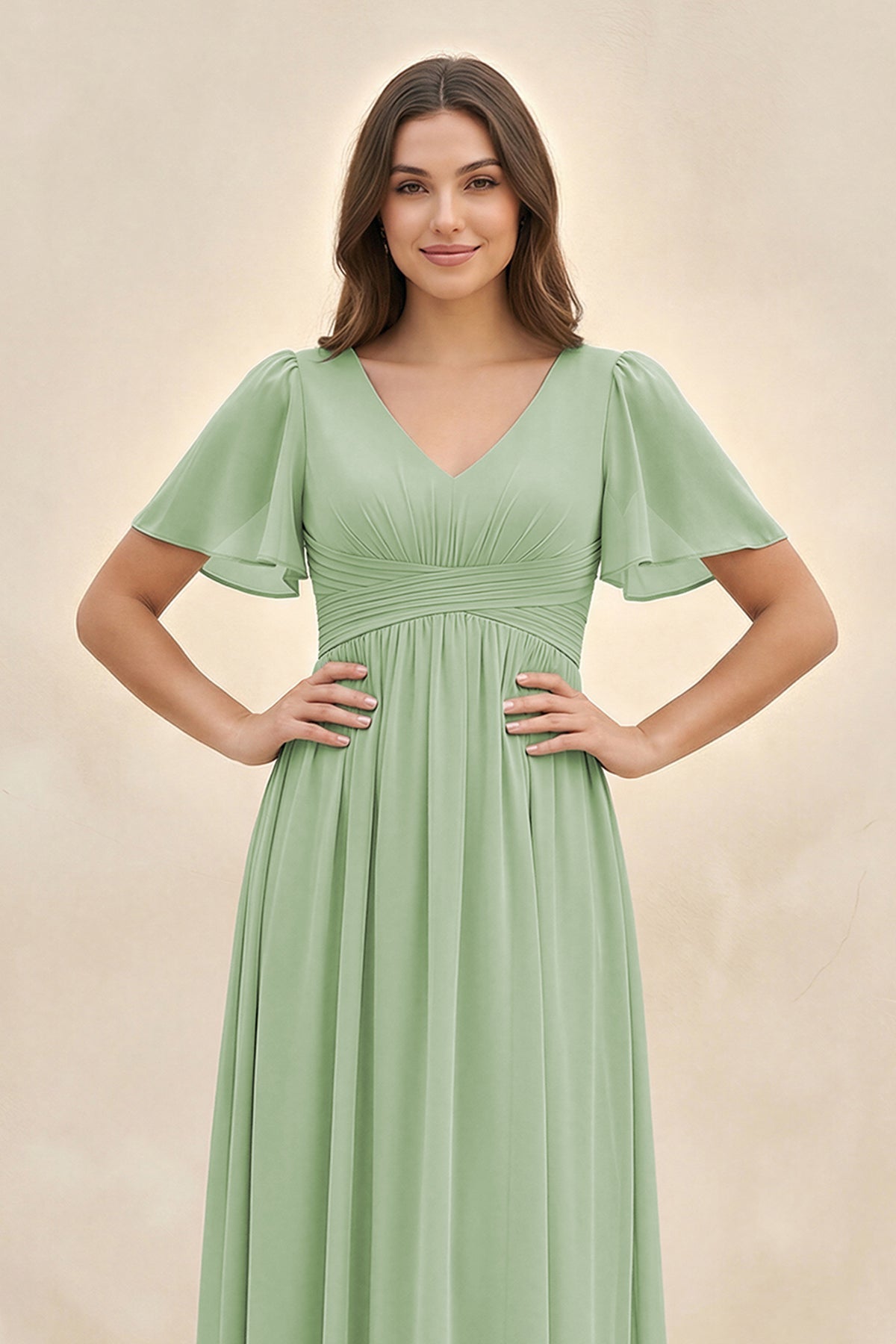 Robe demoiselle d’honneur vert sauge longue col V manches courtes plissée - Harana