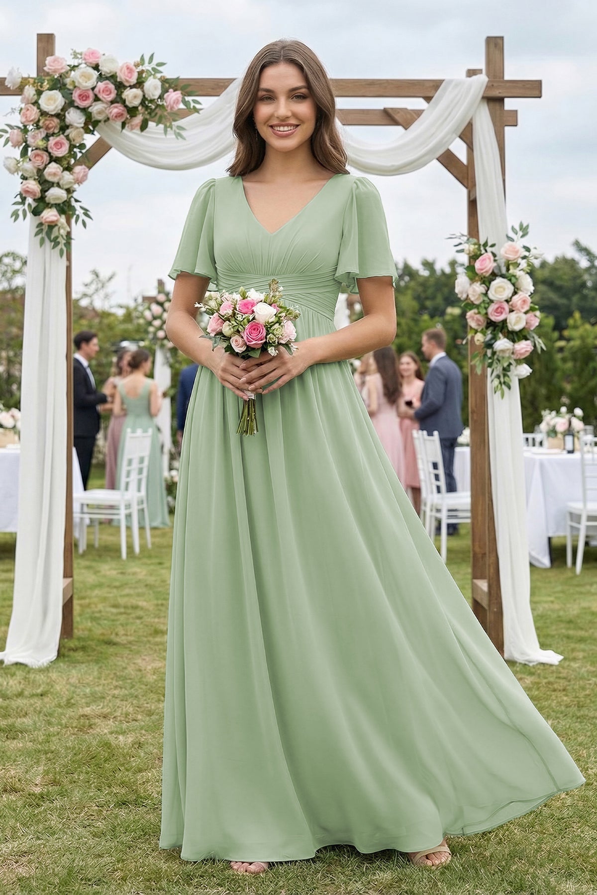 Robe demoiselle d’honneur vert sauge longue col V manches courtes plissée - Harana