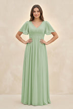 Robe demoiselle d’honneur vert sauge longue col V manches courtes plissée - Harana