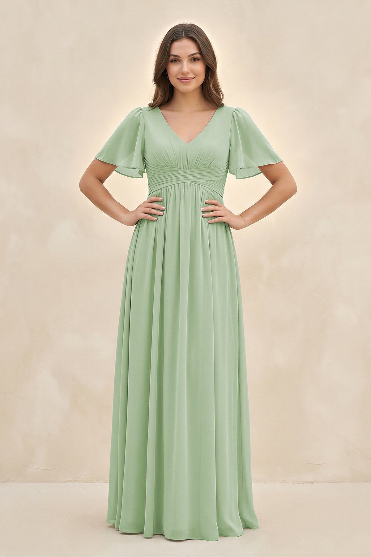 Robe demoiselle d’honneur vert sauge longue col V manches courtes plissée - Harana