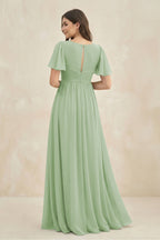 Robe demoiselle d’honneur vert sauge longue col V manches courtes plissée - Harana
