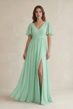 Robe demoiselle d’honneur pale pistachio longue col V manches courtes avec fente - Harana