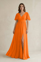 Robe longue orange en mousseline coupe trapèze décolleté V manches courtes - Harana