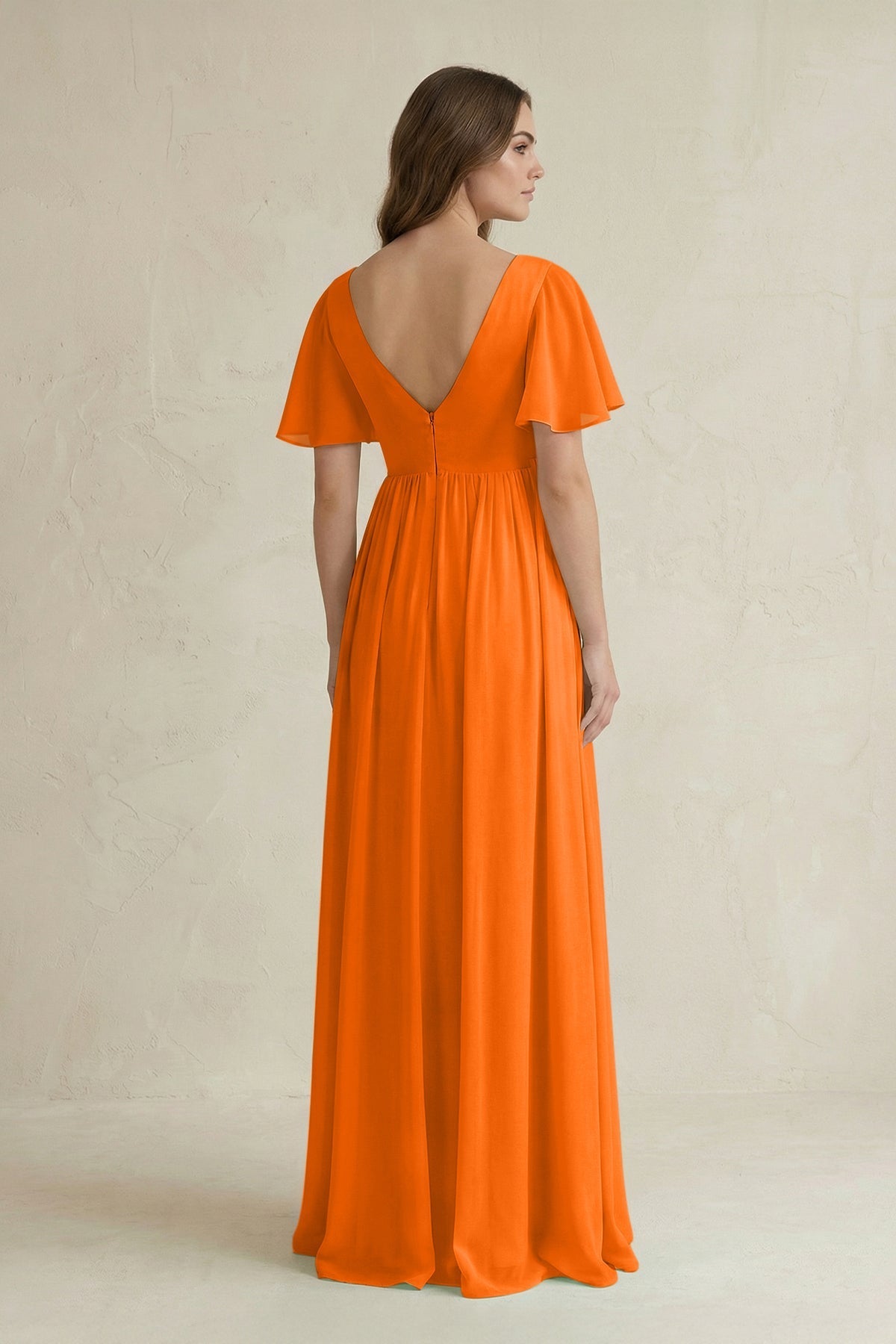 Robe longue orange en mousseline coupe trapèze décolleté V manches courtes - Harana
