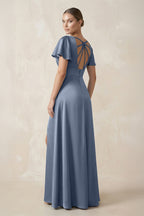 Robe demoiselle d’honneur neptune longue col V manches courtes avec fente - Harana
