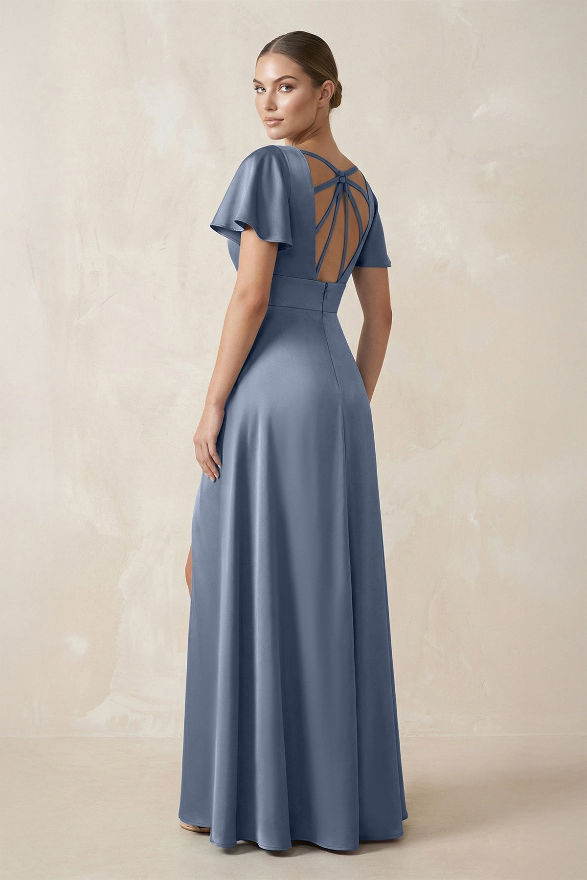 Robe demoiselle d’honneur neptune longue col V manches courtes avec fente - Harana