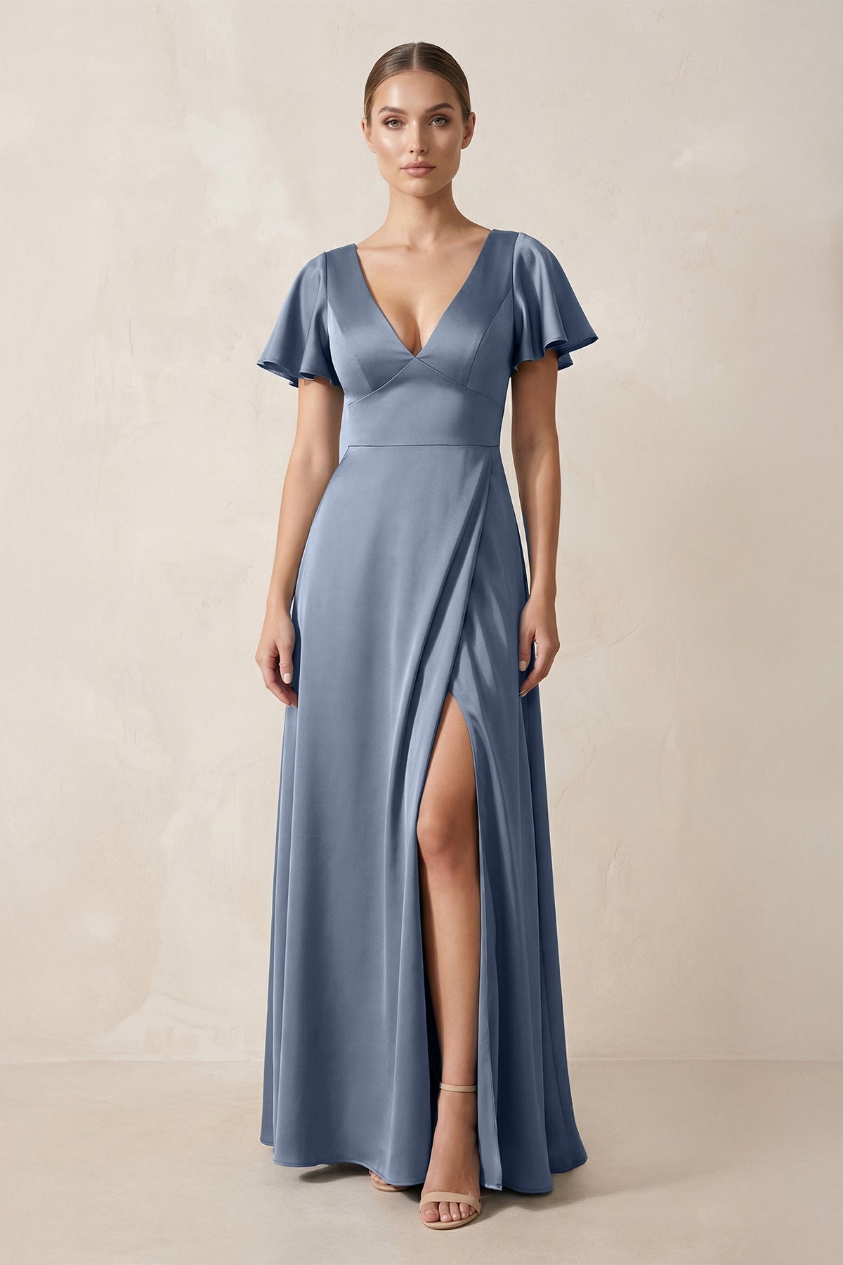 Robe demoiselle d’honneur neptune longue col V manches courtes avec fente - Harana