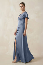 Robe demoiselle d’honneur neptune longue col V manches courtes avec fente - Harana