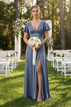 Robe demoiselle d’honneur neptune longue col V manches courtes avec fente - Harana