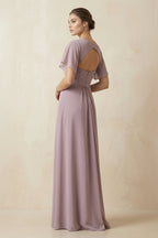 Robe demoiselle d’honneur mauve grisé longue col V manches courtes froncée - Harana
