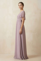 Robe demoiselle d’honneur mauve grisé longue col V manches courtes froncée - Harana