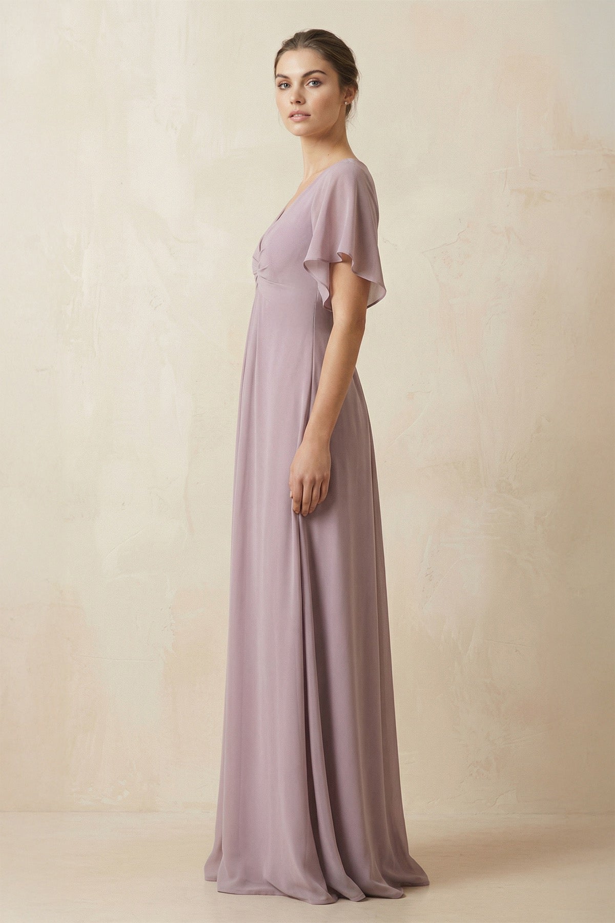 Robe demoiselle d’honneur mauve grisé longue col V manches courtes froncée - Harana