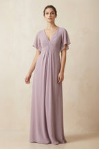 Robe demoiselle d’honneur mauve grisé longue col V manches courtes froncée - Harana