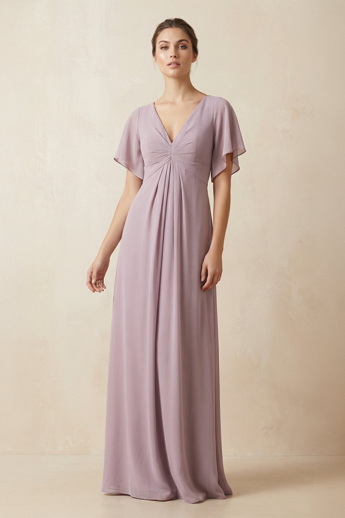 Robe demoiselle d’honneur mauve grisé longue col V manches courtes froncée - Harana