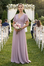 Robe demoiselle d’honneur mauve grisé longue col V manches courtes froncée - Harana