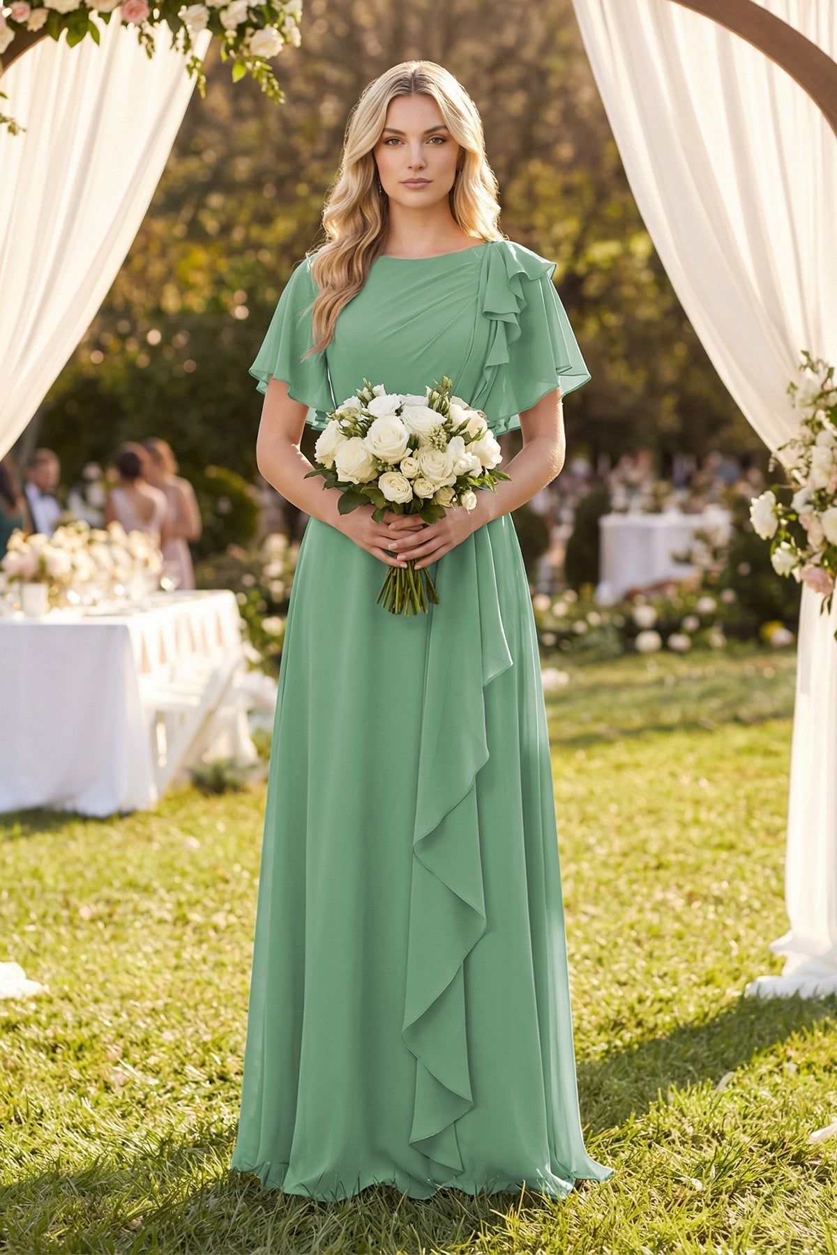 Robe demoiselle d’honneur vert d’eau longue manches courtes plissée effet drapé - Harana