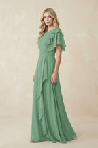 Robe demoiselle d’honneur vert d’eau longue manches courtes plissée effet drapé - Harana
