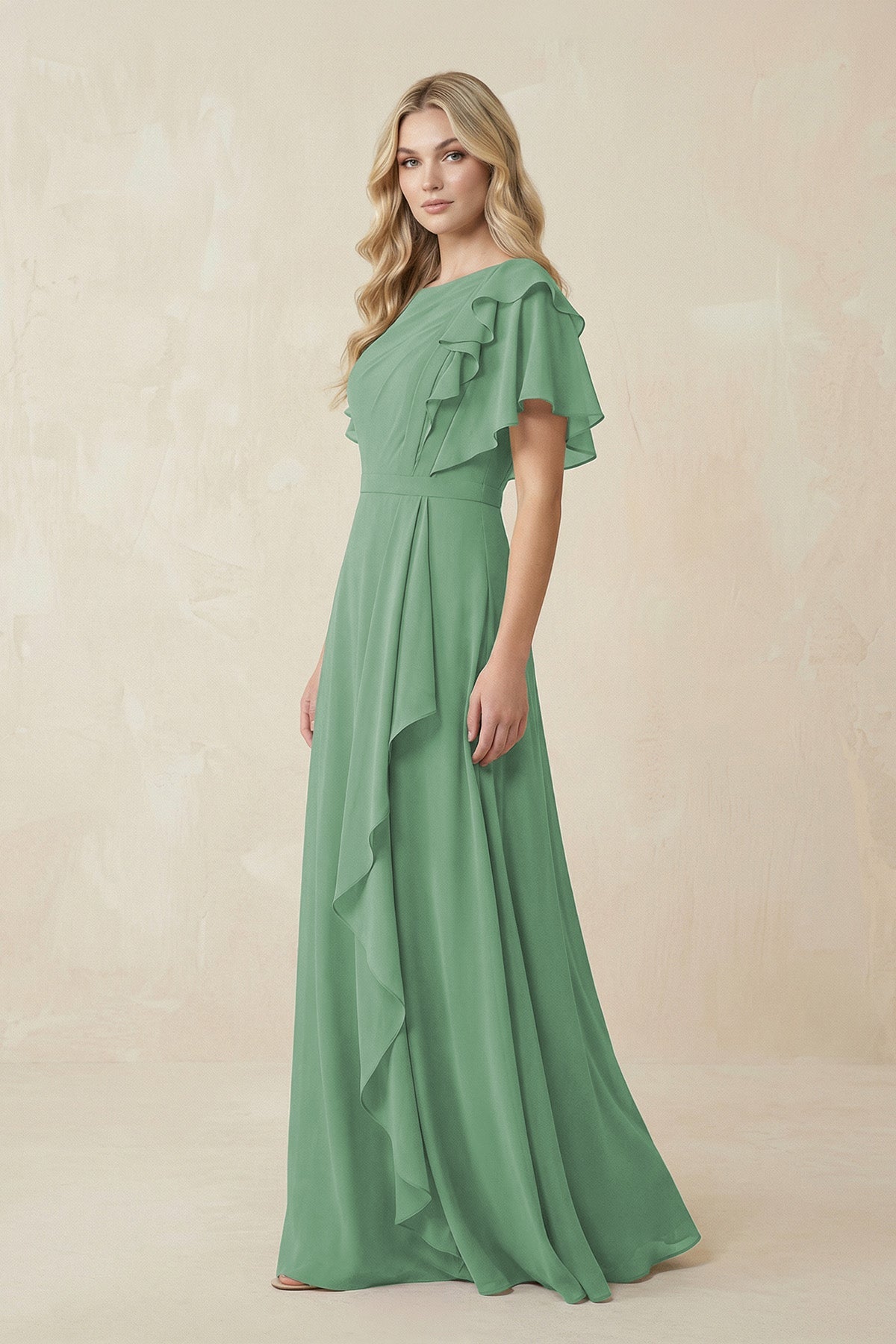 Robe demoiselle d’honneur vert d’eau longue manches courtes plissée effet drapé - Harana