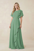 Robe demoiselle d’honneur vert d’eau longue manches courtes plissée effet drapé - Harana