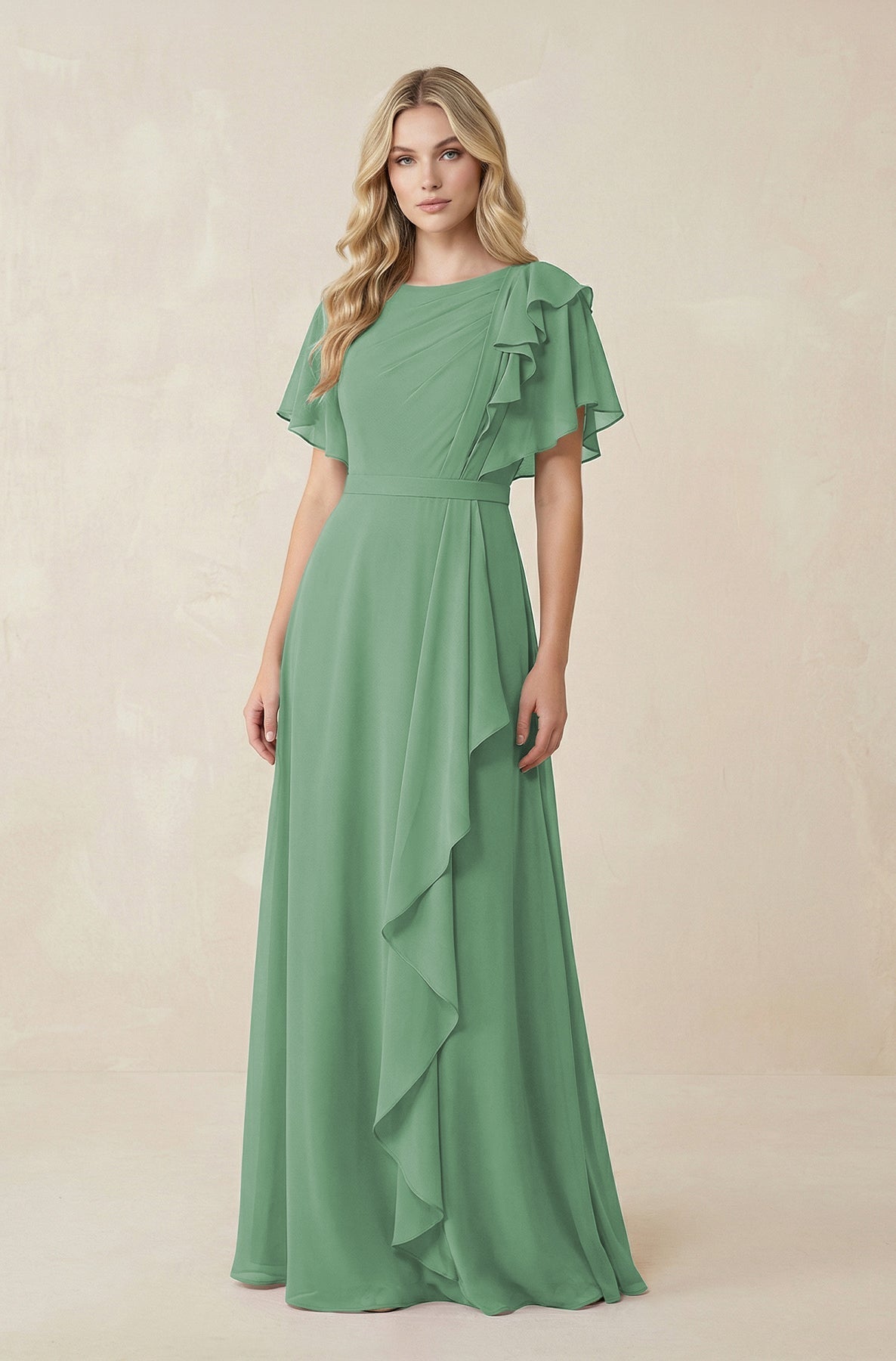 Robe demoiselle d’honneur vert d’eau longue manches courtes plissée effet drapé - Harana