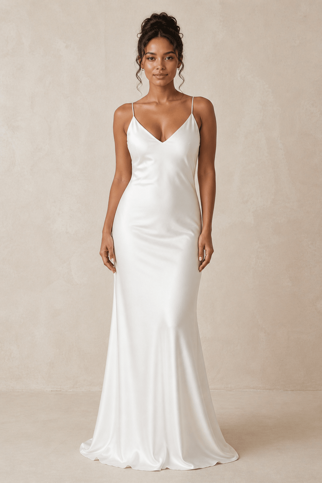 Robe de mariée blanche fourreau satinée à fines bretelles col V dos nu - Harana