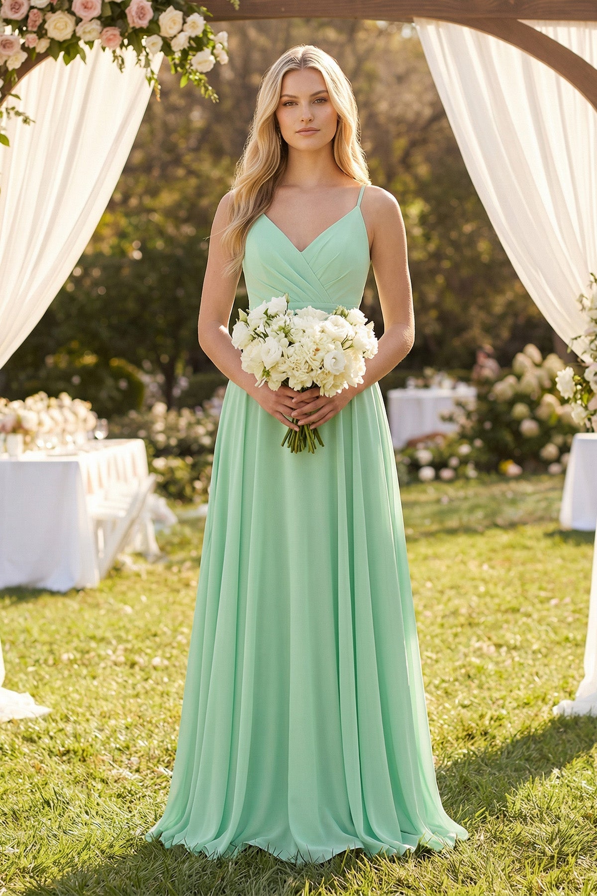 Robe demoiselle d’honneur pale pistachio longue à fines bretelles sans manches froncée - Harana