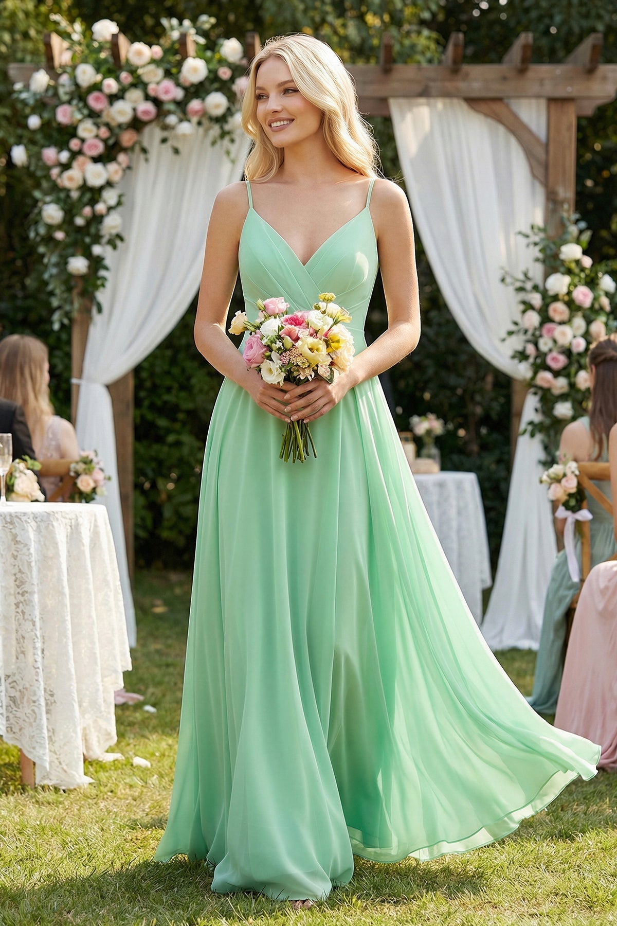 Robe demoiselle d’honneur pale pistachio longue à fines bretelles sans manches plissée - Harana