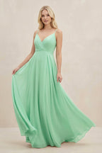 Robe demoiselle d’honneur pale pistachio longue à fines bretelles sans manches plissée - Harana