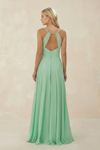 Robe demoiselle d’honneur pale pistachio longue à fines bretelles sans manches froncée - Harana