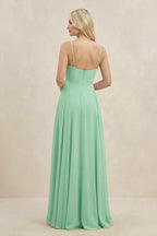 Robe demoiselle d’honneur pale pistachio longue à fines bretelles sans manches plissée - Harana