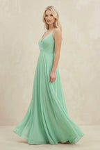 Robe demoiselle d’honneur pale pistachio longue à fines bretelles sans manches plissée - Harana