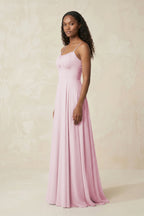 Robe demoiselle d’honneur candy pink longue à fines bretelles sans manches froncée - Harana