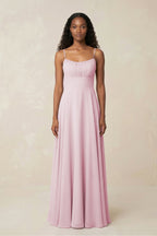 Robe demoiselle d’honneur candy pink longue à fines bretelles sans manches froncée - Harana