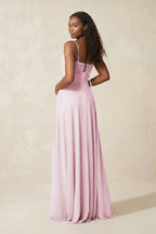 Robe demoiselle d’honneur candy pink longue à fines bretelles sans manches froncée - Harana