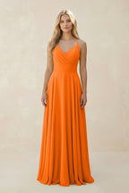 Robe longue orange en mousseline coupe trapèze à fines bretelles - Harana