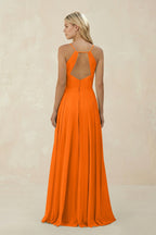 Robe longue orange en mousseline coupe trapèze à fines bretelles - Harana