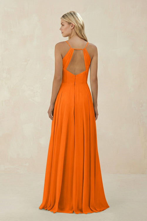 Robe de demoiselle d’honneur orange cannelle longue en mousseline coupe trapèze à fines bretelles - Harana